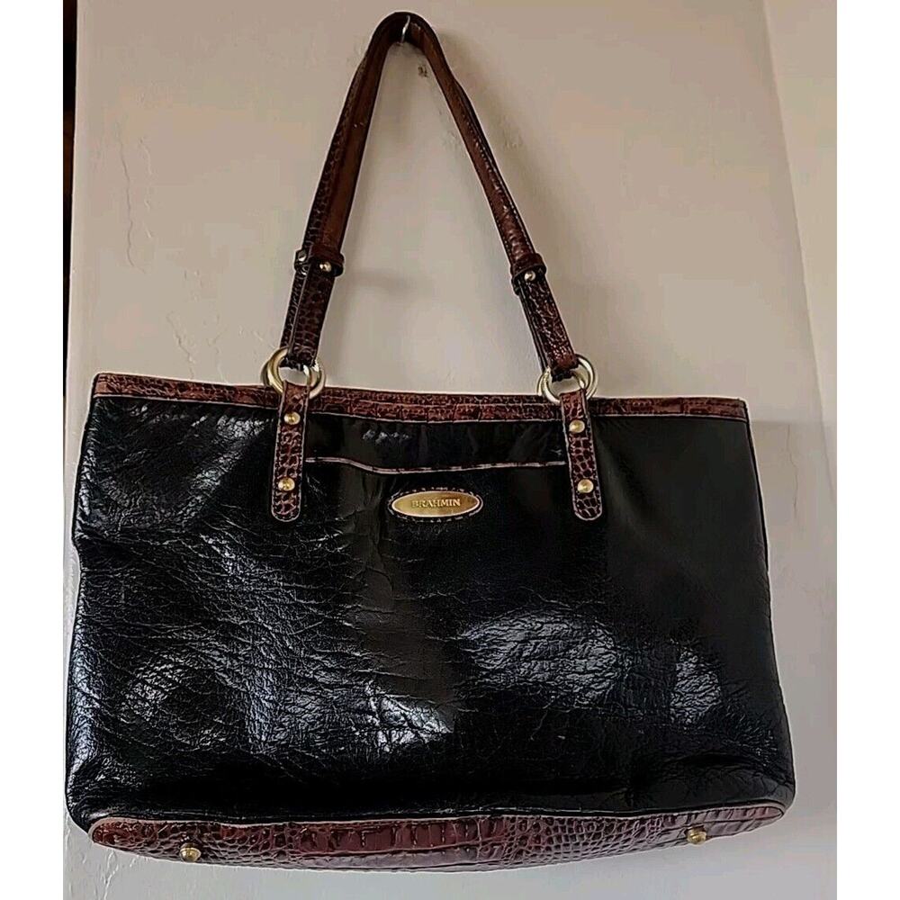 AMAZING large Brahmin High Quality BLACK & BROWN Purse SATCHEL leather handbag